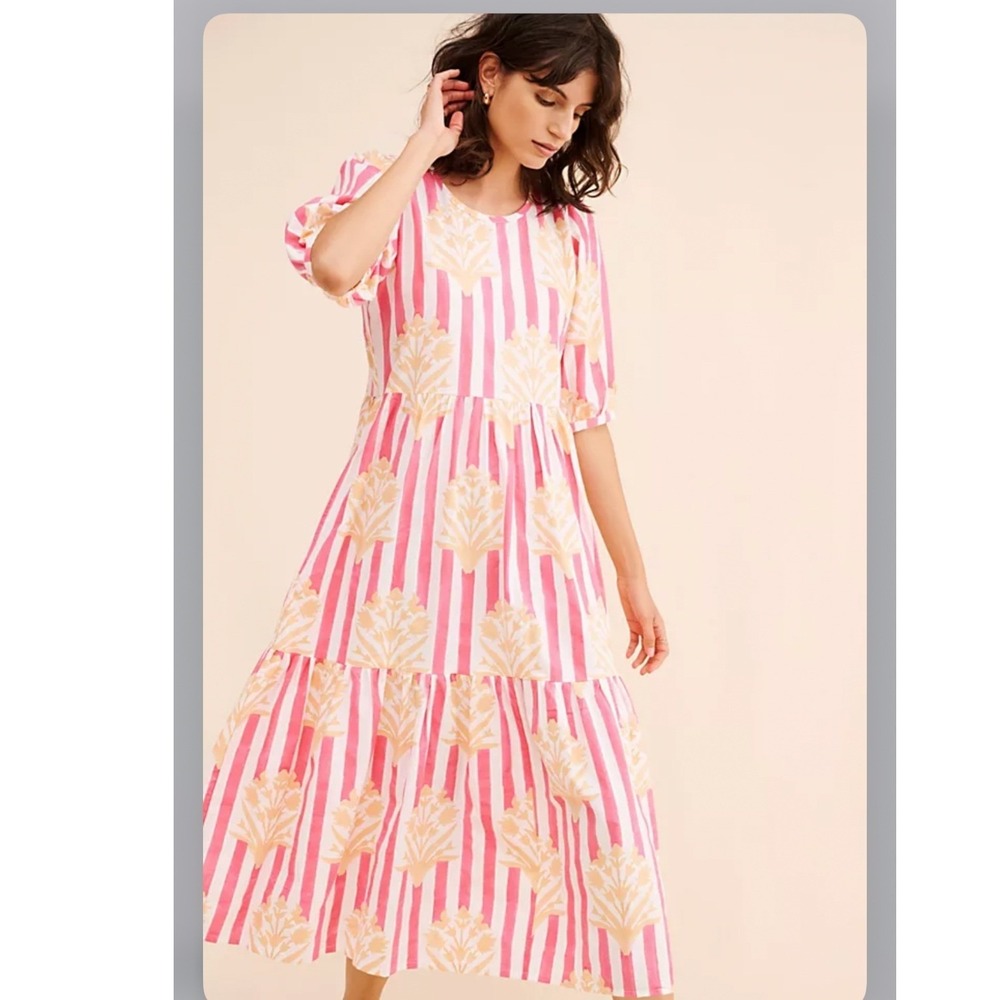 SZ Blockprints Gaia Tiered‎ Midi Dress Pink White Striped Floral Cotton Medium